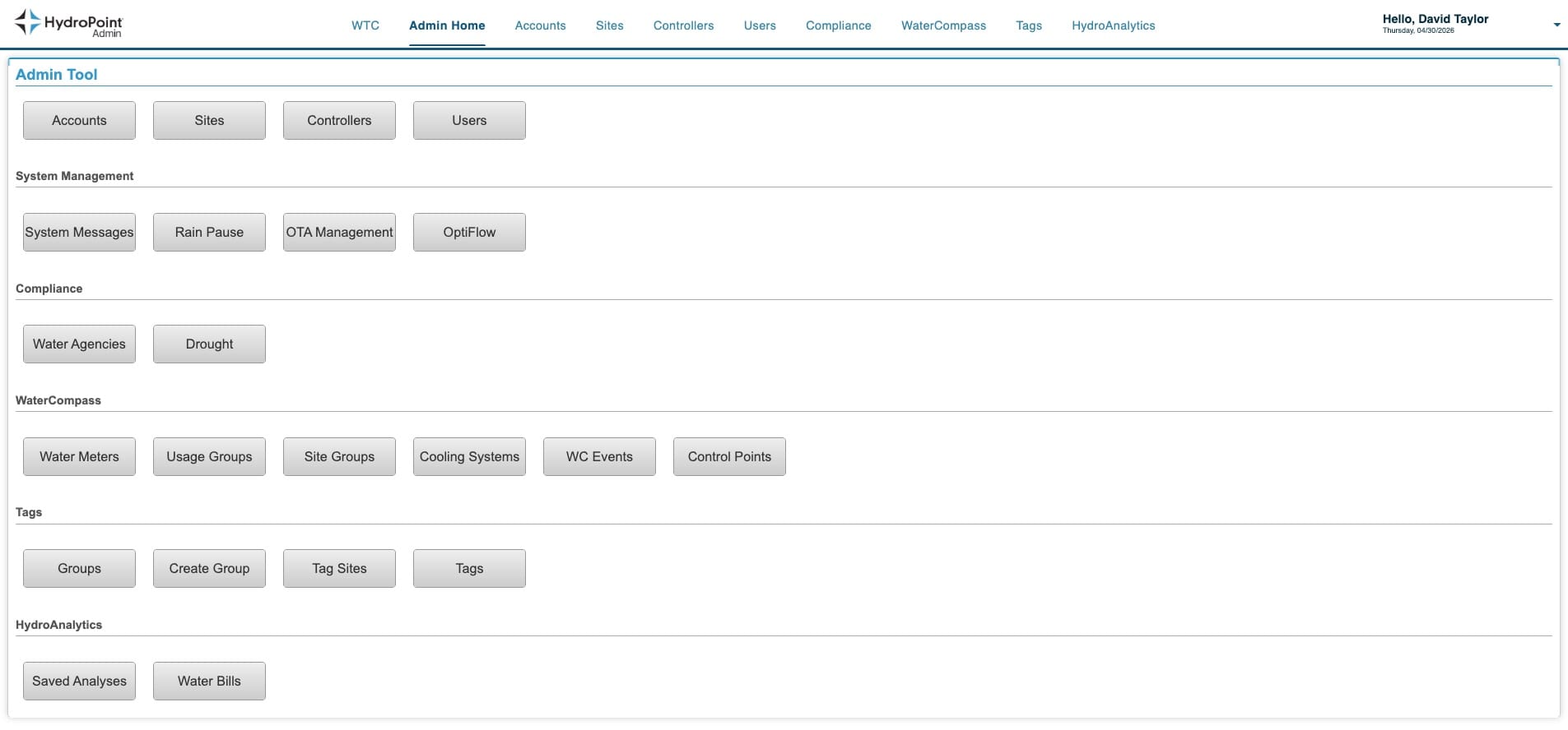Admin Tool home, WaterCompass group