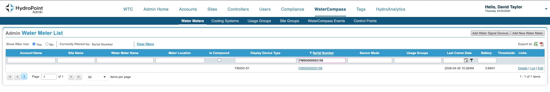 Admin Water Meter List filtered by serial number