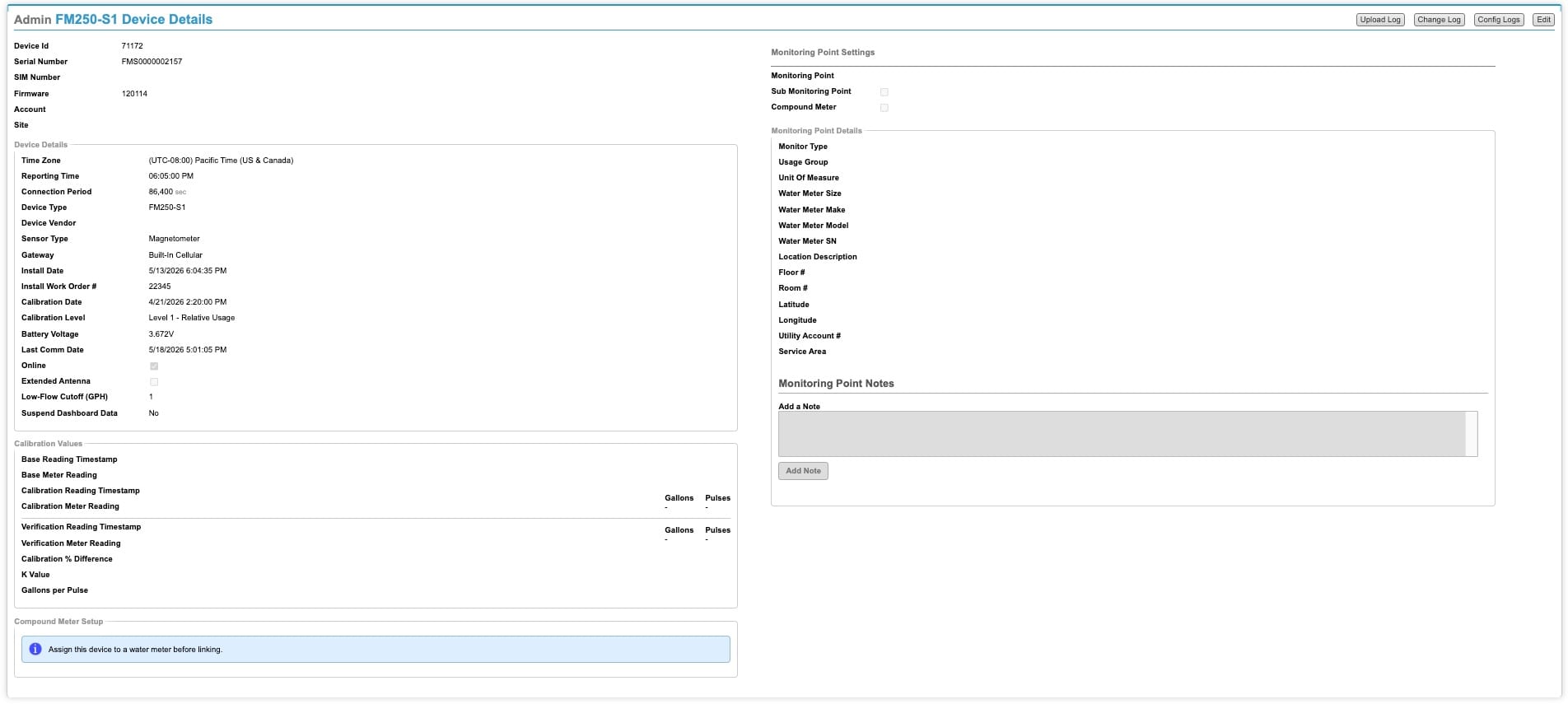 Unconfigured Low Flow device details with assign-to-water-meter banner
