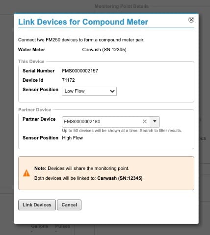 Link Devices for Compound Meter dialog with Low Flow and High Flow positions