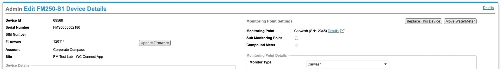 Edit FM250-S1 Device Details with Replace This Device button