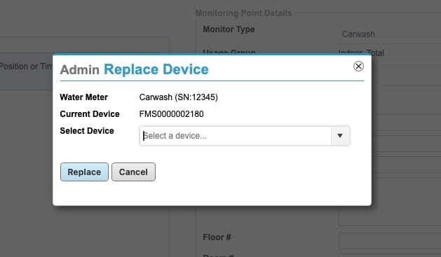 Replace Device modal with empty Select Device field