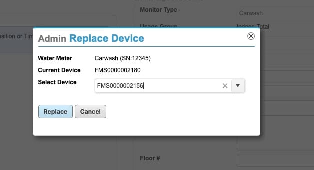 Replace Device modal with new device SN typed into Select Device