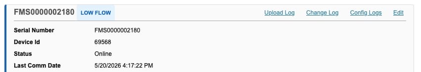 Low Flow device header banner showing Serial Number, Device Id, Status, Last Comm Date